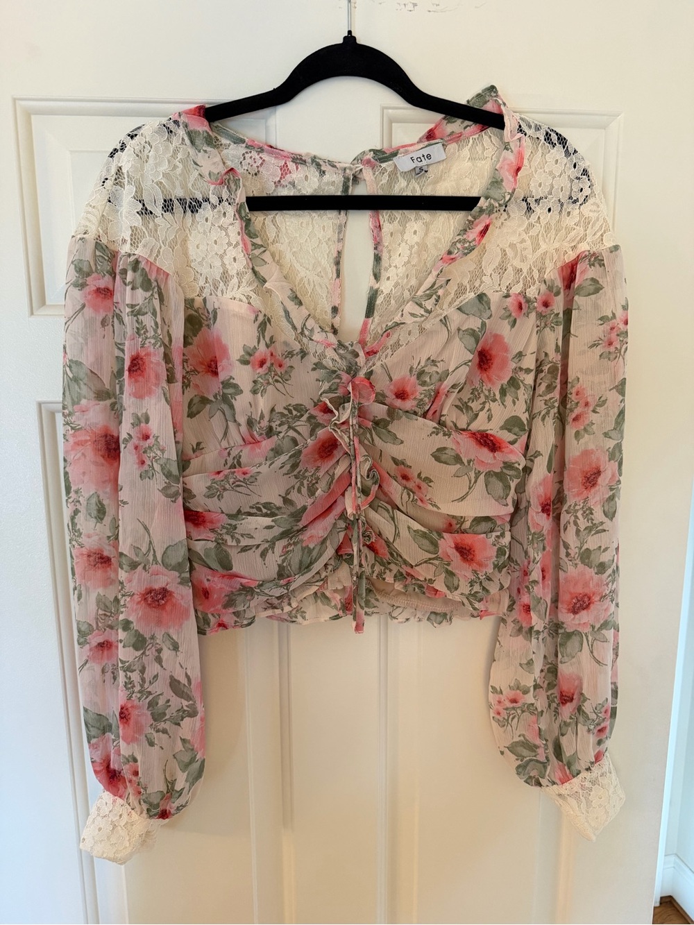 Fate Pink Floral Lace-Trim Ruched Blouse